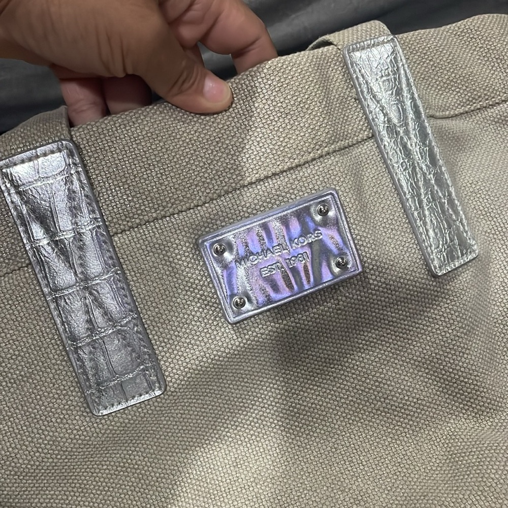 Michael Kors Canvas Tote with Silver Accents on Handle and logo emblem - Picture 4 of 14